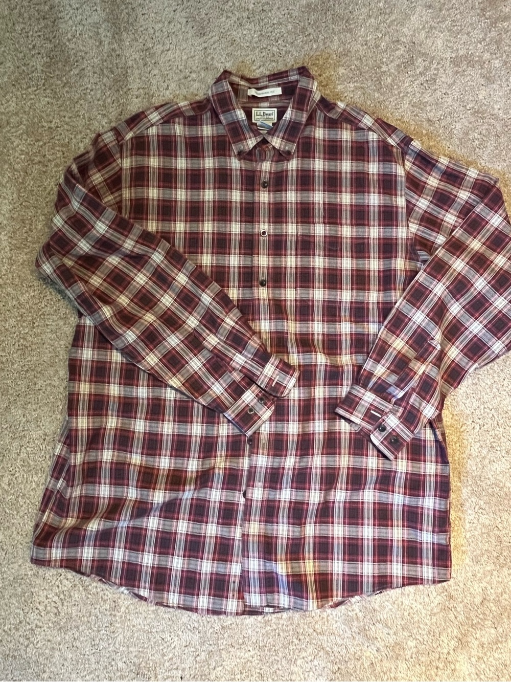 L.L. Bean Men's Burgundy and White Plaid Button-Down Shirt